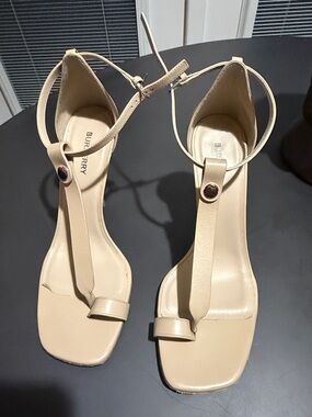 Burberry Beige T-Strap Ankle-Strap Heeled Sandals